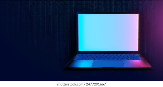 A sleek laptop with a gradient screen, illuminated in blue and pink hues, set against a dark background with falling binary code. Perfect for technology, cybersecurity, and digital concepts. Vector