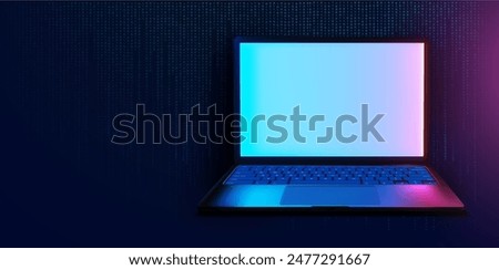 A sleek laptop with a gradient screen, illuminated in blue and pink hues, set against a dark background with falling binary code. Perfect for technology, cybersecurity, and digital concepts. Vector