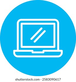 A sleek Laptop icon with a clean white outline on a light Cambridge blue background. Modern and minimalistic, representing technology, computing, and digital connectivity in a simple yet elegant desig