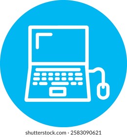 A sleek Laptop icon with a clean white outline on a light Cambridge blue background. Modern and minimalistic, representing technology, computing, and digital connectivity in a simple yet elegant desig