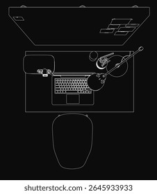 A sleek laptop rests on a dark wooden desk, surrounded by a wireless mouse, scattered papers, and a coffee cup. The dimly lit background creates a mysterious, professional atmosphere with subtle.