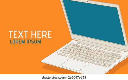 Sleek laptop vector featuring a vibrant orange background. Ideal for showcasing branding with customizable text space on the side. Perfect for marketing and design presentations.