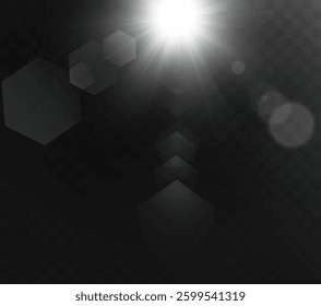 A sleek lens flare with bright light and geometric shapes on a dark background. This elegant effect adds depth and sophistication, perfect for enhancing creative projects.
