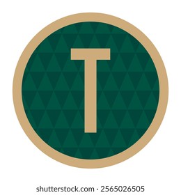 A sleek letter T design set against a dark green triangular background, enclosed within a golden circular border. Perfect for logos, labels, or premium stationery designs.