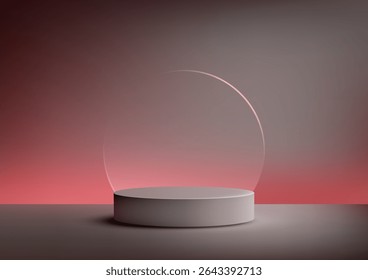 Sleek light gray cylindrical podium stands on a dark surface with a deep red to gray gradient background, product mockups, corporate displays, or minimalist showroom presentations
