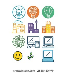 A sleek line art icon set featuring modern technology, financial symbols, and everyday essentials in a clean, refined style.