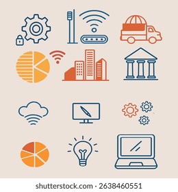 A sleek line art icon set featuring modern technology, financial symbols, and everyday essentials in a clean, refined style.