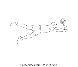 "Sleek line art of a spikeball player in dynamic pose, ready for action. Captures athleticism and interaction with net and ball in minimalist style, emphasizing the sport's energy and focus.