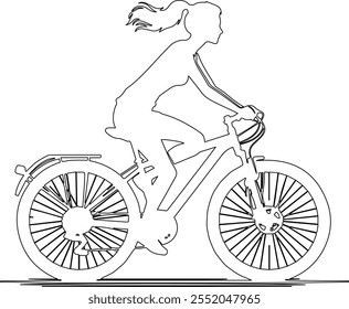 Un elegante diseño de Vector artístico de línea de un ciclista que monta en bicicleta, capturando el movimiento fluido y la energía dinámica de la conducción con golpes minimalistas y una simplicidad elegante.