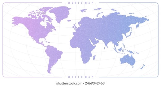 Un mapa del mundo de estilo artístico de línea elegante con un fondo de Gradientes morados y azules, combinando elegantemente la simplicidad con la belleza