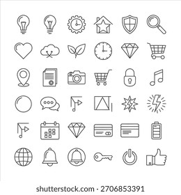 Elegante conjunto de iconos de línea perfecto para Sitios web y App. Con símbolos esenciales para la navegación, el comercio electrónico y las funciones cotidianas. Diseño limpio y profesional.