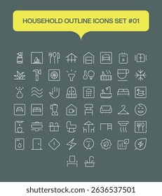 A sleek line-style vector icon set featuring essential household items. Includes kitchen utensils, bathroom accessories, and cleaning tools in a minimalist design. Perfect for home organization apps, 