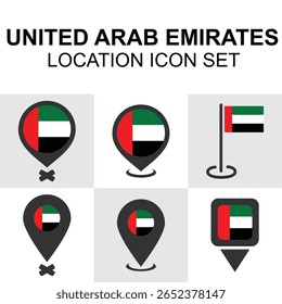 Ícones de localização elegantes com a bandeira dos Emirados Árabes Unidos, perfeito para mapas, aplicativos ou projetos de design com temas de viagem.