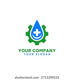Logo elegante que combina agua, equipo e iconos de salud, simbolizando precisión y bienestar.