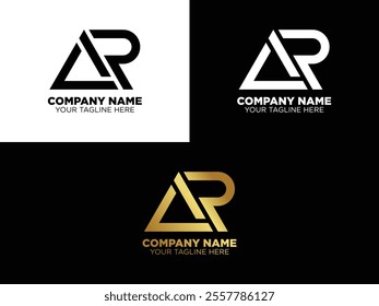 A sleek logo design the initials "AR" in a bold, modern style. Presented in black, white, and gold variations, it’s perfect for brands aiming for a professional and luxurious identity.