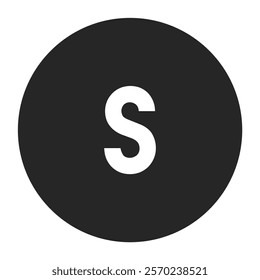 Sleek lowercase letter s in white on a dark circular background. A stylish and minimalist vector design perfect for branding, advertising, and contemporary web or print media projects.