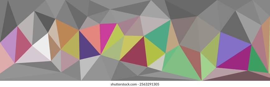 A sleek low-poly design featuring muted gray tones with colorful geometric accents in the center, perfect for modern backgrounds or banners.

