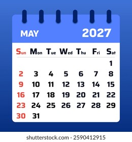 Sleek May 2027 calendar with a simple, functional layout. Ideal for tracking deadlines, events, and planning the month efficiently