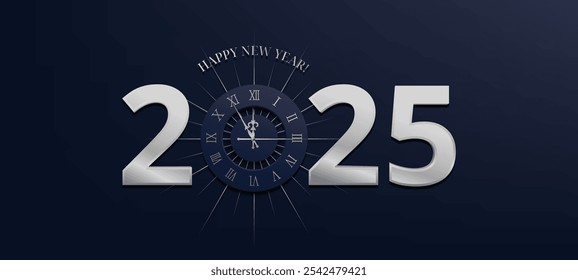 A sleek, metallic 2025 New Year illustration featuring a clock nearing midnight. This vector design is perfect for festive banners, invitations, and greeting cards. Not AI.