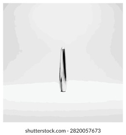 A sleek, metallic chrome object with a pointed tip stands vertically in the center of a clean white studio environment. The reflective surface of the elongated, bullet-shaped sculpture shows high-contrast black and white streaks. This minimalist 3D render emphasizes modern design, luxury aesthetics, and futuristic technology through its simple form and polished finish.