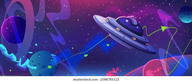 A sleek, metallic flying saucer glides through a cosmic expanse filled with vibrant stars and colorful planets. The scene captures a serene voyage, with swirling nebulae adding to the ethereal beauty