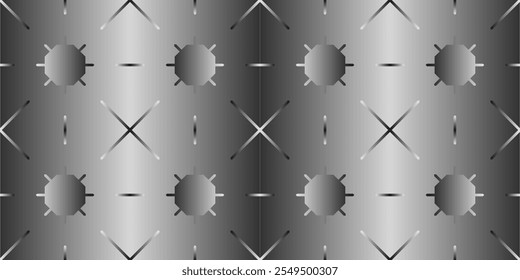 A sleek, metallic gradient pattern with symmetrical octagons and crosses, ideal for contemporary and futuristic design projects. Adds a touch of sophistication and modernity. Vector illustration for
