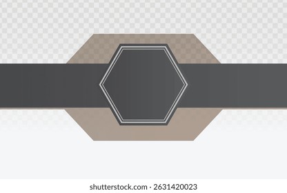 Sleek metallic hexagon label with silver outline and dark gray center, layered over a tan geometric shape. Perfect for modern branding, tech designs, and premium product mockups.