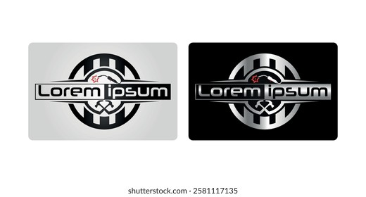 Sleek metallic logo featuring gears, hammer, welding tool and bold typography. Ideal for automotive, engineering, repair shops, and industrial businesses. Perfect for branding and identity design.