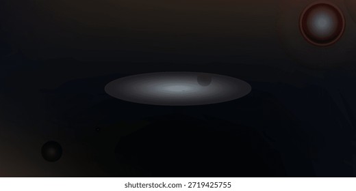 A sleek, metallic oval object is suspended in a dark, abstract environment. A small, dark sphere is visible in the upper right corner.