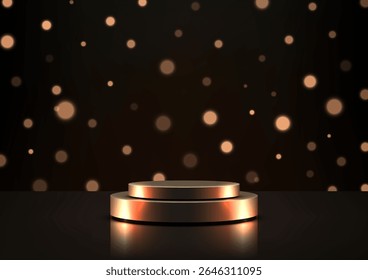 Sleek metallic two tiered circular podium on a dark reflective surface with warm glowing bokeh lights, luxury product displays, award ceremonies, and sophisticated event mockups modern showroom