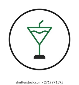 Ein schlankes und minimalistisches Icon mit einem stilisierten Cocktailglas mit Stroh. Das Design ist sauber und zeitgemäß, ideal für ein Logo oder ein grafisches Element. Das Bild wird durch einen einfachen Kreis eingerahmt, der
