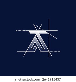 A sleek, minimal monogram logo design featuring the letters A and T with precision construction lines. Ideal for architects, engineering firms, construction branding, or professional identity.