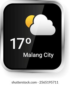 A sleek and minimal smartwatch weather user interface displaying the temperature, location, and weather condition icons on a dark background.