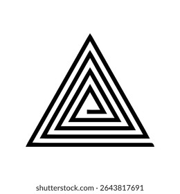 Um logotipo de triângulo espiral mínimo elegante em um estilo de ilusão óptica. Projetado usando linhas brancas em um plano de fundo preto sólido, este gráfico vetorial apresenta um padrão de triângulo geométrico hipnótico com um twi
