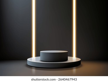 Sleek minimalist 3d two tiered circular pedestal in gray and white illuminated by vertical light strips against a dark dramatic background, technology mockups product displays or showcases