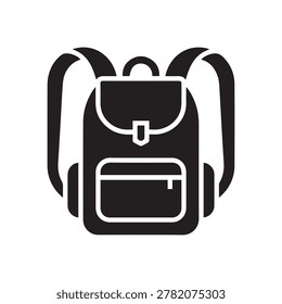 A sleek, minimalist black backpack icon featuring two adjustable straps and a prominent main compartment with a smaller front pocket. The design is clean, bold, and monochromatic with high contrast fo.