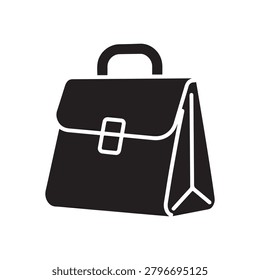 A sleek, minimalist black briefcase with a sturdy handle and a prominent rectangular clasp closure. The design features subtle white outlines for structural definition, giving it a clean, modern aesth.