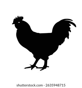 A sleek minimalist black chicken silhouette illustration, showcasing its distinct form with clean, simple lines. Set against a white background, this charming design is perfect for farm-themed decor, 