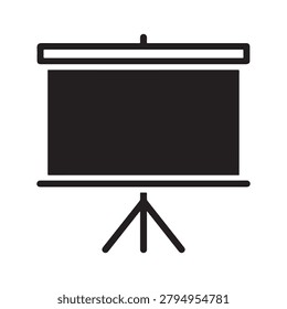 A sleek, minimalist black flip chart stand with a blank screen and a horizontal bar at the top for hanging or securing. The stand features three sturdy legs for stability, depicted in a simple, monoch.