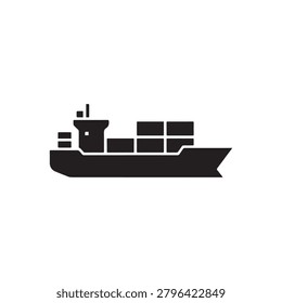 A sleek, minimalist black silhouette of a container ship sailing on calm waters. The vessel features a stack of cargo containers on its deck, a bridge structure at the front, and a streamlined hull. T.