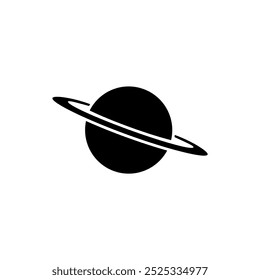 Ein elegantes, minimalistisches Schwarz-Weiß-Symbol, das einen einfachen, stilisierten Planeten mit Ringen darstellt, die Weltraumforschung, Astronomie und die Wunder des Kosmos darstellen. Vektorsymbol für Website-Design, Logo