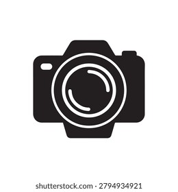 A sleek, minimalist camera icon featuring a prominent lens with a spiral detail inside, rendered in high-contrast black and white. The design emphasizes the camera’s lens and body structure with clean.