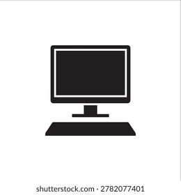A sleek, minimalist flat design illustration depicts a desktop computer monitor with a stand and a rectangular base. The image uses solid black fills and white outlines, creating a clean, modern aesth.
