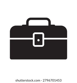 A sleek, minimalist icon of a black briefcase featuring a metallic clasp and handle, rendered in high contrast with clean lines and a flat design. The composition emphasizes simplicity and modern aest.