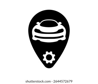 Sleek, minimalist icon featuring a car within a map pin, combined with a gear. Symbolizes automotive services, car repair location, or vehicle technology. Adaptable for app UI.