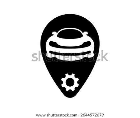Sleek, minimalist icon featuring a car within a map pin, combined with a gear. Symbolizes automotive services, car repair location, or vehicle technology. Adaptable for app UI.