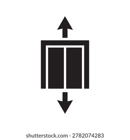 A sleek, minimalist icon featuring a rectangular elevator shaft with two opposing arrows indicating upward and downward movement. The design uses bold black lines on a white background, emphasizing si.