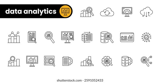 A sleek, minimalist icon set for data analytics, featuring symbols for charts, graphs, reports, algorithms, and dashboards. Perfect for use in apps, websites, and presentations to visually represent