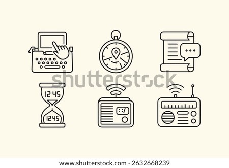 A sleek, minimalist icon set featuring symbols of time, communication, and technology. Includes a typewriter, hourglass, clock, radio, and message scroll.