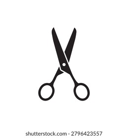 A sleek, minimalist illustration of black scissors with open blades and clearly defined finger holes. The design is bold, monochromatic, and features a simple, clean background. The scissors are centr.